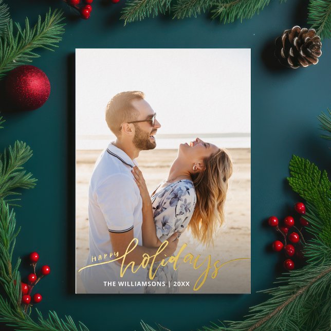 Happy Holidays Calligraphy Script 2 Photos Gold Foil Invitation (Creator Uploaded)
