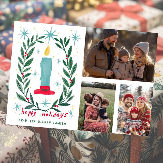 Happy Holidays Candle Hand Drawn CUSTOM 3 PHOTOS  Card (Happy Holidays Candle Hand Drawn CUSTOM PHOTOS Card
)