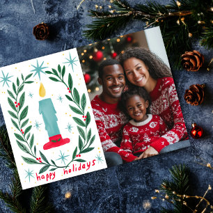 Happy Holidays Candle Hand Drawn CUSTOM PHOTO  Holiday Card