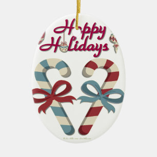 Happy Holidays Candy Cane Heart Ceramic Ornament