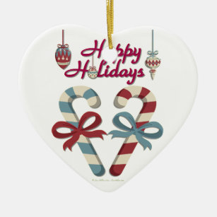 Happy Holidays Candy Cane Heart Ceramic Ornament