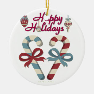 Happy Holidays Candy Cane Heart Ceramic Ornament