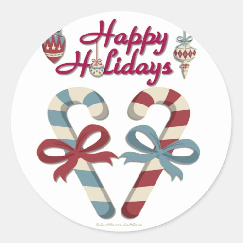 Happy Holidays Candy Cane Heart Classic Round Sticker