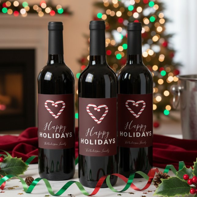 Happy Holidays Candy Cane Heart Custom Christmas Wine Label (Creator Uploaded)