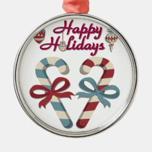 Happy Holidays Candy Cane Heart Metal Ornament