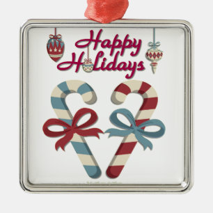 Happy Holidays Candy Cane Heart Metal Ornament