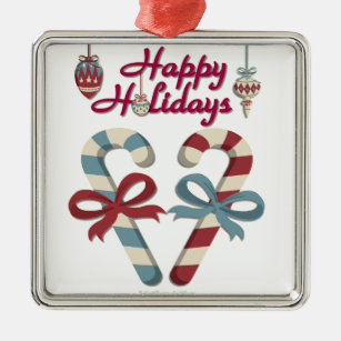 Happy Holidays Candy Cane Heart Metal Ornament