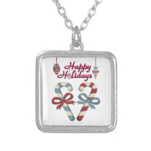 Happy Holidays Candy Cane Heart Silver Plated Necklace
