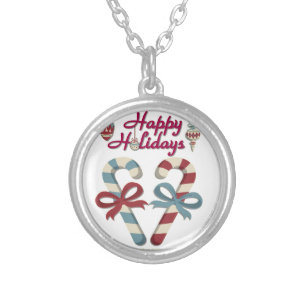 Happy Holidays Candy Cane Heart Silver Plated Necklace