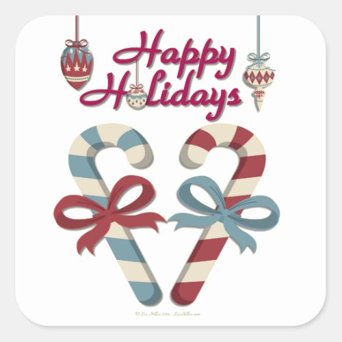 Happy Holidays Candy Cane Heart Square Sticker