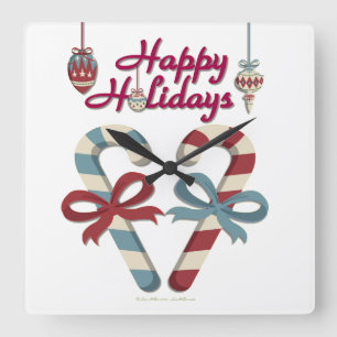 Happy Holidays Candy Cane Heart Square Wall Clock