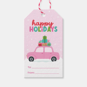Happy Holidays Car with Gifts in Pink To/From Gift Tags