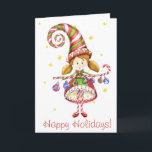 Happy Holidays Card<br><div class="desc">A holiday elf holds a candy cane and ornaments.
Card has a retro feel to it.
Front of card reads: Happy Holidays
Inside of card reads: Wishing you a happy holiday season
All text can be easily customized.</div>