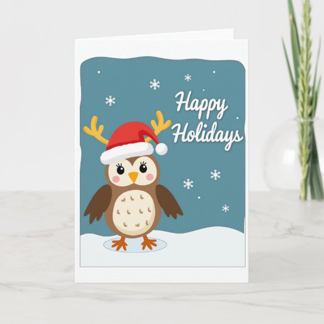 Happy Holidays Card Cute Owl Santa Hat Reindeer (Front)