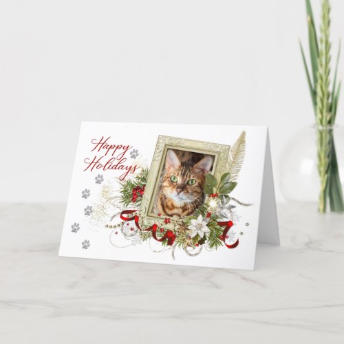 Happy Holidays Card with Cat and Paw Print Design