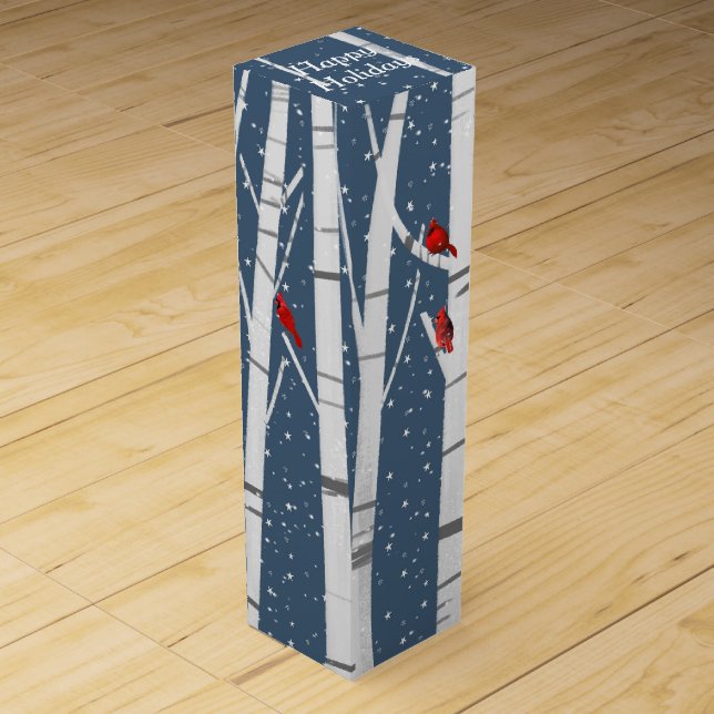 Happy Holidays Cardinals in Birch Tree  Wine Box (Front)