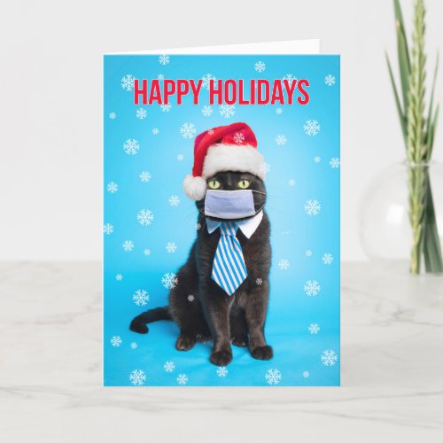 Happy Holidays Cat in Tie and Covid Face Mask Holiday Card