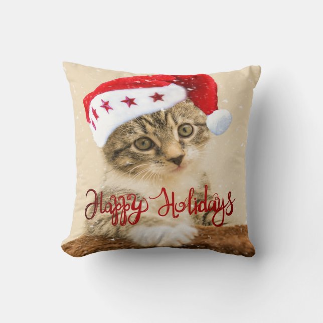 Happy Holidays,Cat With Santa Hat Throw Pillow (Front)