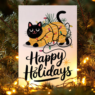 Happy Holidays Cat Wrapped in Lights Christmas Holiday Card