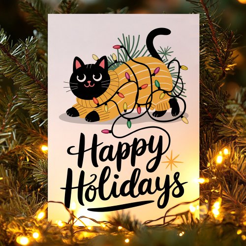 Happy Holidays Cat Wrapped In Lights Christmas Holiday Card