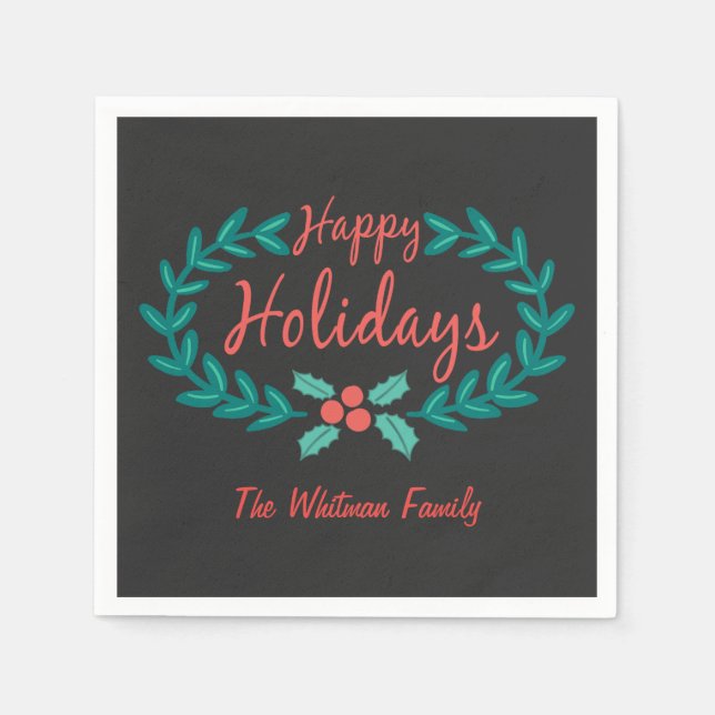 HAPPY HOLIDAYS CHALK ART HAND-DRAWN WREATH NAPKINS (Front)