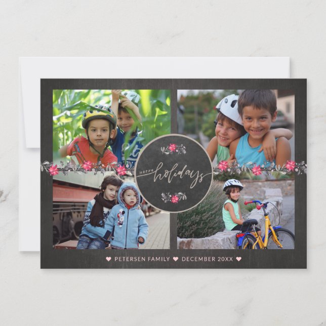 Happy Holidays Chalkboard Poinsettia Photo Collage Holiday Card (Front)