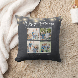 Happy Holidays Chalkboard String Lights Photo Throw Pillow