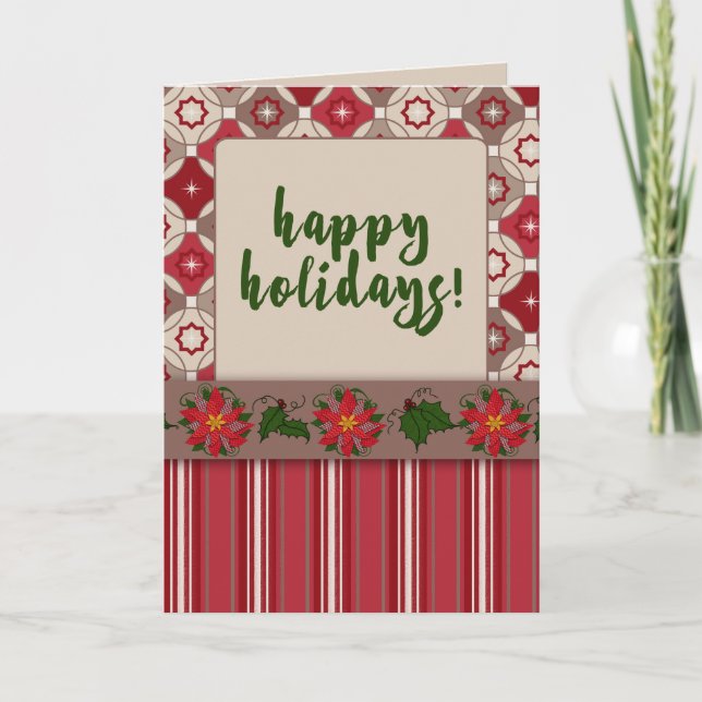 Happy Holidays! Chevron Poinsettias Christmas Card (Front)