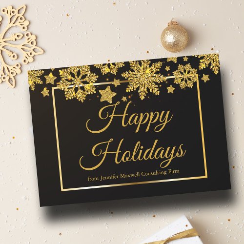 Happy Holidays Chic Black Gold Snowflake Company Holiday Card