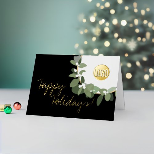Happy Holidays Chic Wreath Business Logo Elegant  Foil Holiday Card