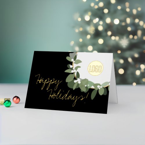 Happy Holidays Chic Wreath Business Logo Elegant  Foil Holiday Card