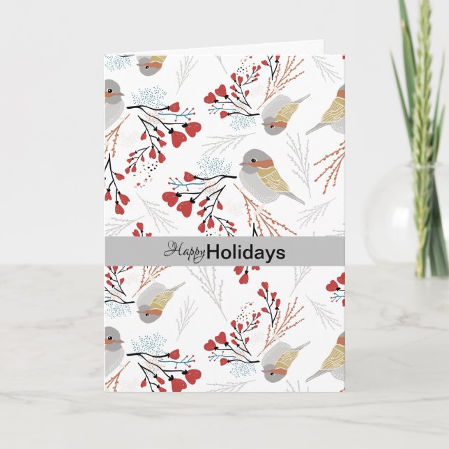 Happy Holidays Chickadee Floral Gray Red Hearts Holiday Card (Front)