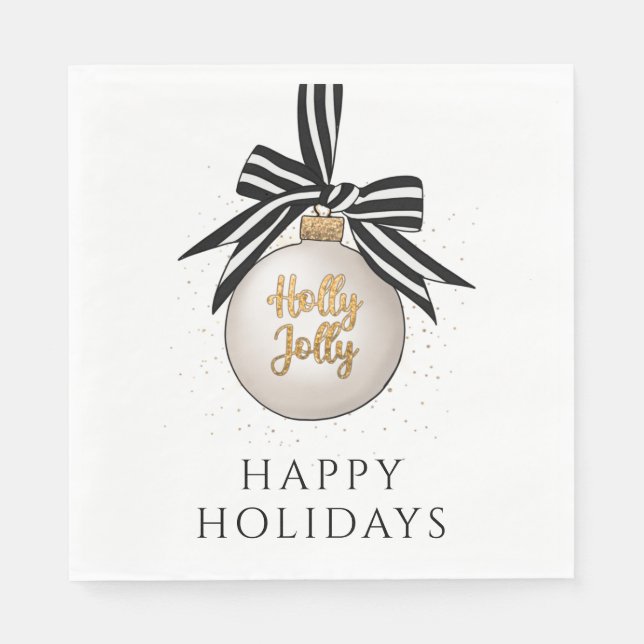Happy Holidays Christmas Bauble White Black Napkins (Front)