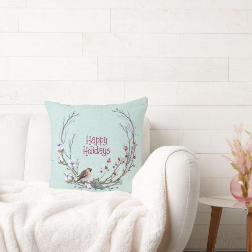 Happy Holidays Christmas Bird In a Tree  Throw Pillow