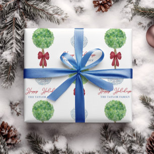 Happy Holidays Christmas Boxwood Topiary Red Bow Wrapping Paper