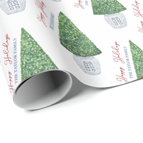 Happy Holidays Christmas Boxwood Topiary Tree Wrapping Paper - Watercolor Boxwood Topiary Tree in a blue and white double happiness pot handpainted by yours truly arranged into a repeating pattern with the ability to add personalized text.