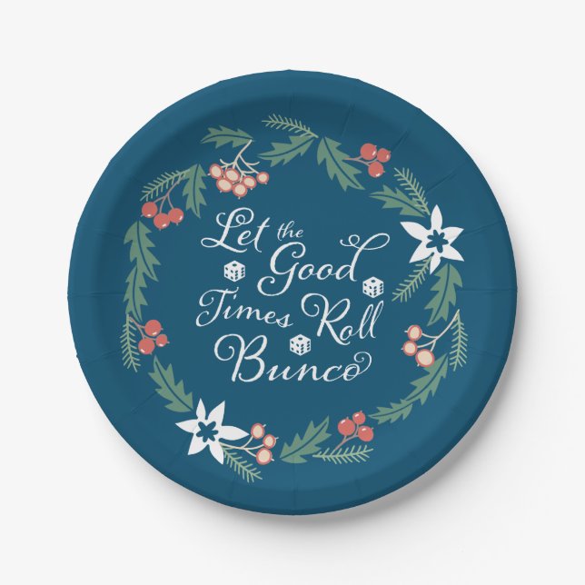 Happy Holidays Christmas Bunco Party Blue Green Paper Plates (Front)