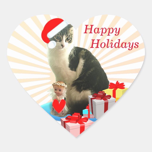 Happy Holidays Christmas Cat & Angel Heart Sticker (Front)