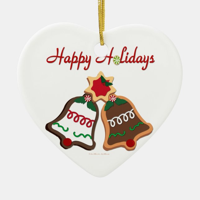 Happy Holidays Christmas Cookie Bells Ceramic Ornament (Front)