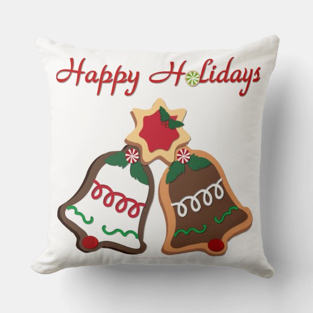 Happy Holidays Christmas Cookie Bells Throw Pillow (Front)