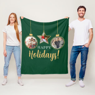 Happy Holidays Christmas Family Photos Green Gold Fleece Blanket