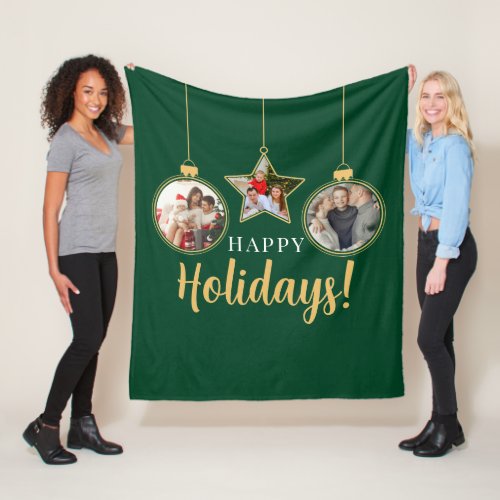 Happy Holidays Christmas Family Photos Green Gold Fleece Blanket