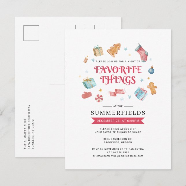 Happy Holidays Christmas Favorite Things Party Invitation Postcard (Front/Back)