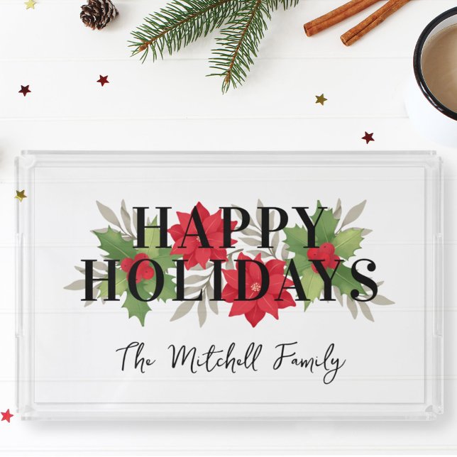 Happy Holidays Christmas Floral Custom Family Name Acrylic Tray (Creator Uploaded)
