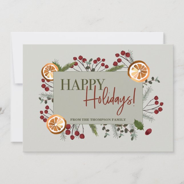 Happy Holidays Christmas foliage oranges Custom Holiday Card (Front)