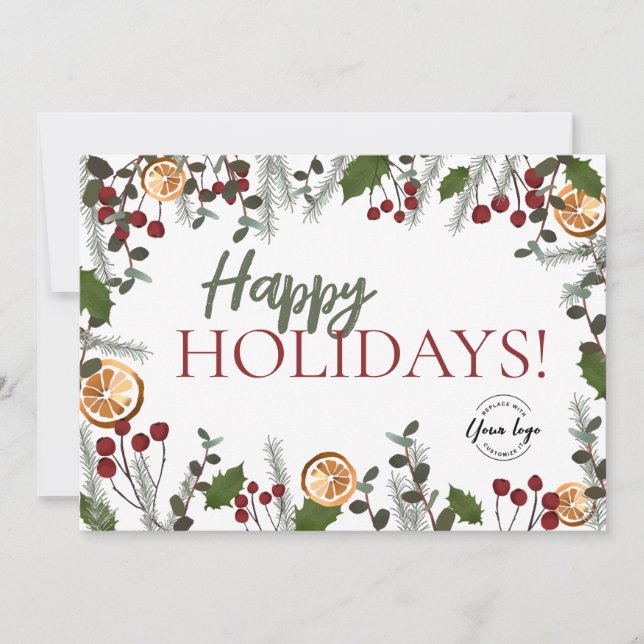  Happy Holidays Christmas Foliage Your Logo Rustic Holiday Card (Front)