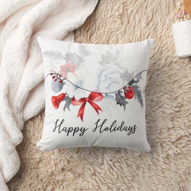 Happy Holidays Christmas Garland Modern  Throw Pillow (Blanket)