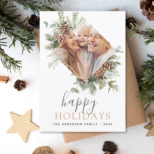 Happy Holidays Christmas Gold Greenery Photo Holid Postcard