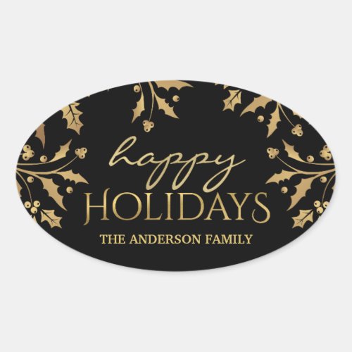 Happy Holidays Christmas Gold Holly Faux Foil Oval Sticker