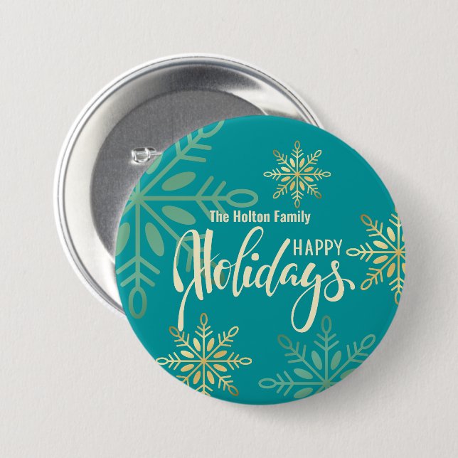 Happy holidays Christmas gold snowflakes green Button (Front & Back)